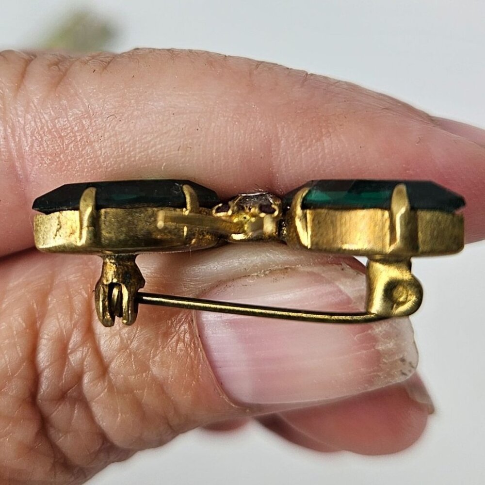 Vint 1950s Austria Brooch Pin Butterfly Green Crystal Rhinestones Red Eyes Gold - Picture 5 of 7